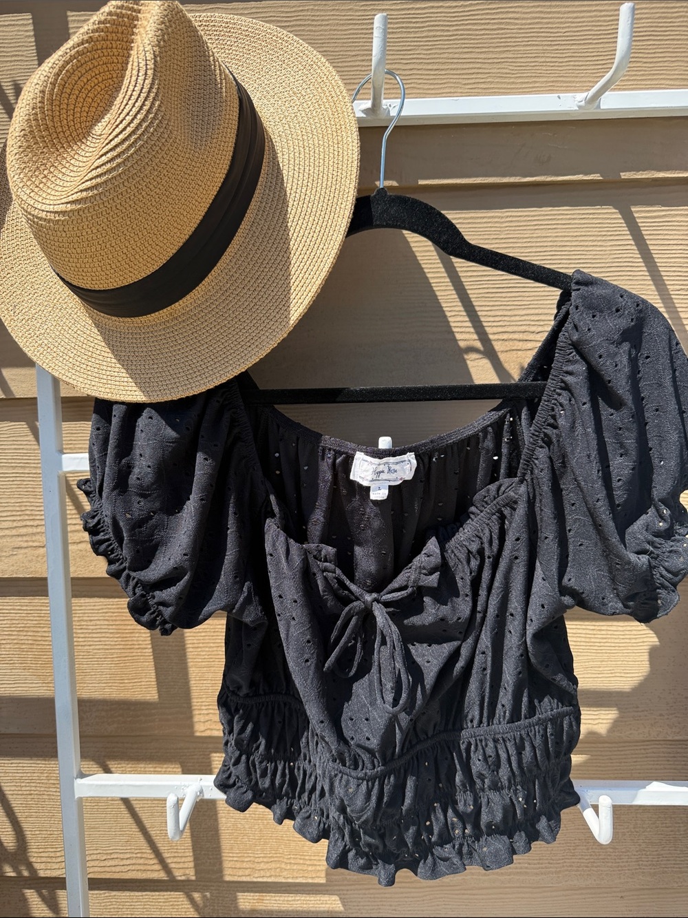 Hippie Rose Black Puff-Sleeve Tie-Front Crop Top